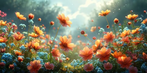 Fototapeta na wymiar Storybook meadow blooming with oversized flowers harboring miniature fairy civilizations