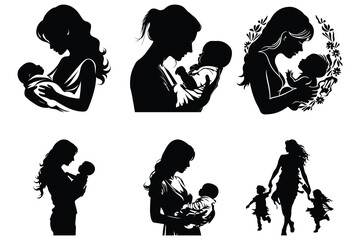 Mom and son, mother and son black silhouette.