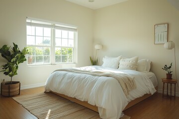 A serene bedroom with a large window that allows for plenty of natural light.
