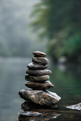 a stacked pile of stones near the water, in the style of spiritualcore, light academia