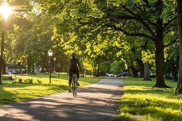Fototapeta premium Cyclist enjoying a ride in a sunlit park with lush green trees.