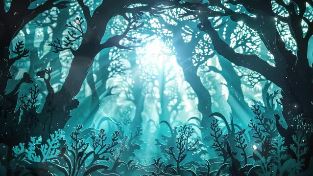  underwater forest paper cut template with towering. seamless looping overlay 4k virtual video animation background