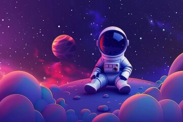 Fototapeta na wymiar Cute astronaut in space fantasy background cartoon astronomy purple.