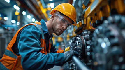 A skilled industrial electrician meticulously working on large manufacturing equipment. Generative AI.