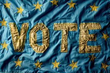 Vote word stitched into a European Union flag. Europe parliamentary elections