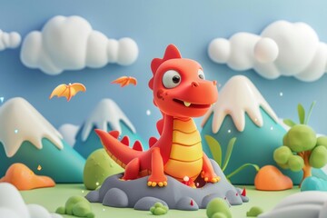 Obraz premium Cute dragon and volcano fantasy background cartoon representation creativity.