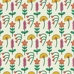Bright seamless pattern of groovy hippie flowers in retro style vector illustration