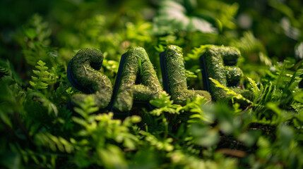 	 the inscription SALE on lawn with a blurred background. the concept of advertising discounts in the form of letters made of grass. advertising discounts on natural cosmetics, household garden goods	