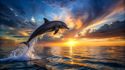 A dolphin jumps out from ocean during the sunset view © Sanjay