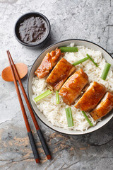 Traditional Cantonese dish Soy Sauce Chicken See Yao Gai served with rice and dipping sauce closeup...