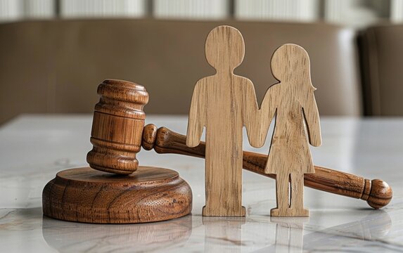 Wooden Figurine Family Positioned Beside a Judge's Gavel in a Courtroom - Legal Decisions, Family Law Concepts - Family Counseling, Social Services.