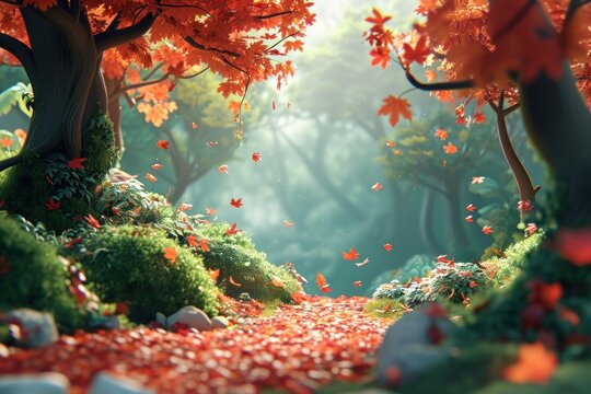 Cute maple forest fantasy background landscape outdoors autumn.