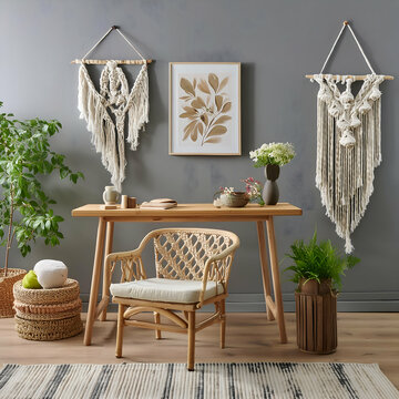 modern living room.the interior design of a living room, featuring a stylish chair and wooden desk adorned with lush greenery, floral arrangements, a table lamp, mock-up poster frame, macramé, and lux