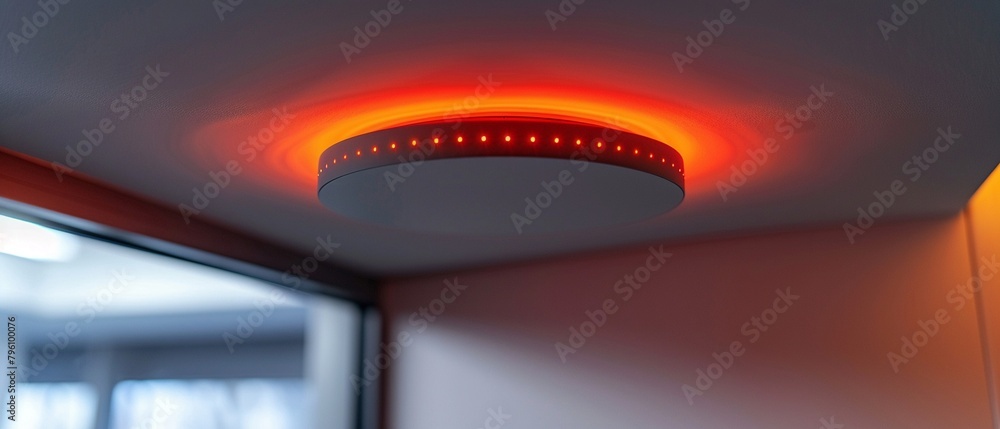 Poster zoomedin image of a wireless access point on a ceiling, showcasing its sleek design and indicator li