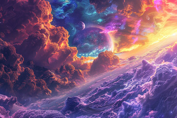 Interstellar expedition discovering a planet with redundant life forms from peeping yaks to jellyfish in antimatter oceans under a vibrant nebula sky - obrazy, fototapety, plakaty