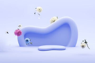3D podium display, pastel purple blue background with hydrangeas flower and vintage frame. Peonies flower and nature leaf. Minimal pedestal for beauty, product. Feminine copy space template 3d render	