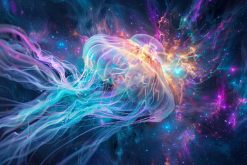 Interstellar journey through a multiverse singularity gateways open as a jellyfish sails the cosmic currents ethereal beauty