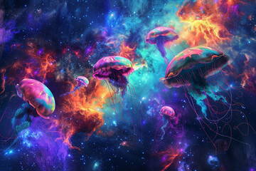 Interstellar scene with extraterrestrial lifeforms quantum fields nebula backdrop and cosmic jellyfish floating amid galactic wonders  - obrazy, fototapety, plakaty