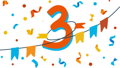 Holiday banner with number 3 three with confetti and flags. png illustration without background