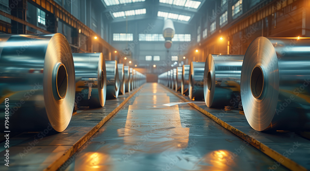 Poster clean factory producing steel mill sheets - stored rolls. generative ai.