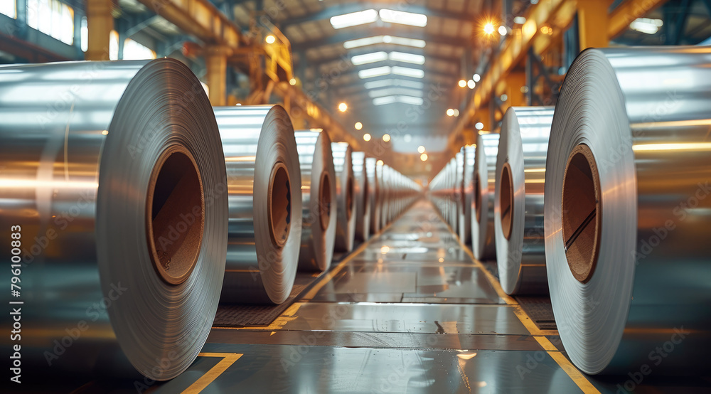 Poster clean factory producing steel mill sheets - stored rolls. generative ai.