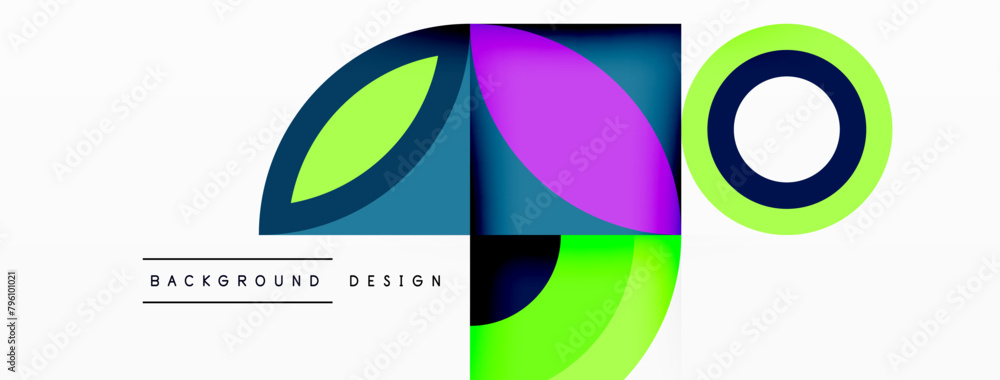 Poster a vibrant logo featuring a colorful pattern of circles and squares in electric blue and magenta on a