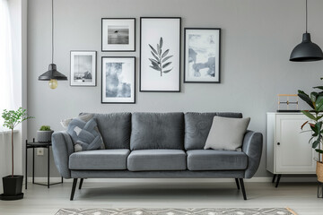 Grey settee near white cupboard in minimal living room interior with posters on the wall. copy space