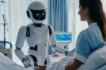 Un robot médico blanco interactúa con una paciente, demostrando el progreso en la automatización del cuidado de la salud