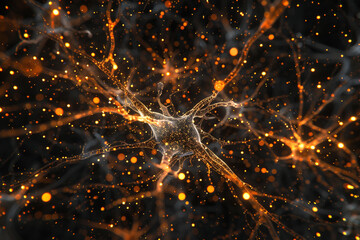 microscopic view of neurons connecting, illustrating the complexity of the human brain  - obrazy, fototapety, plakaty