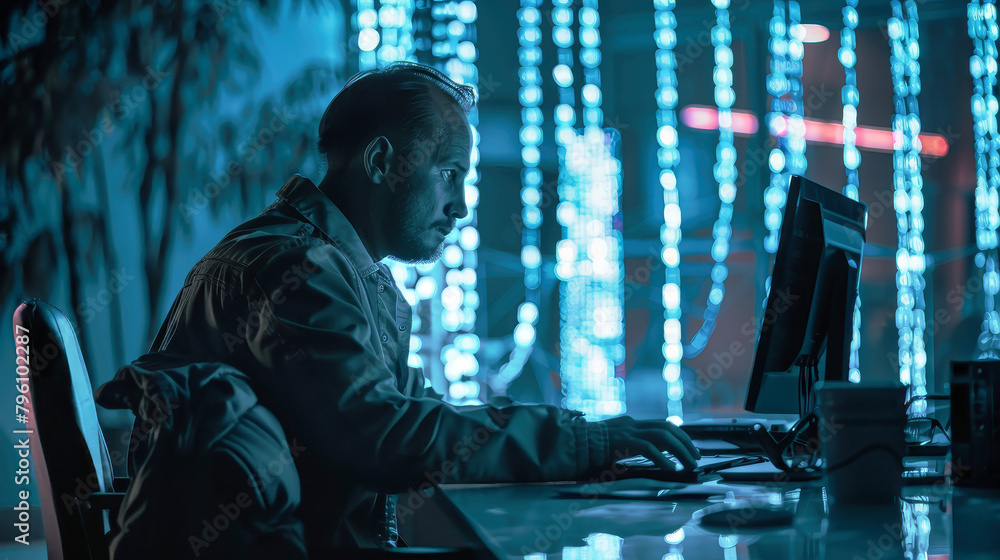 Poster a man, deep in concentration, sits at a desk in front of a computer, the glow of the screen reflecte