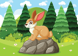 Cute rabbit sitting on rocks in a forest clearing