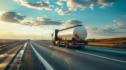 A massive tanker truck transporting petroleum fuel barrels careens down a busy highway, dominating the road with its imposing presence