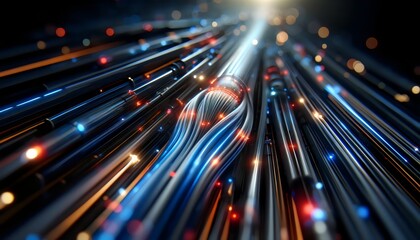 a multitude of fiber optic cables, with beams of light traveling through them, signifying high-speed data communication and modern connectivity
