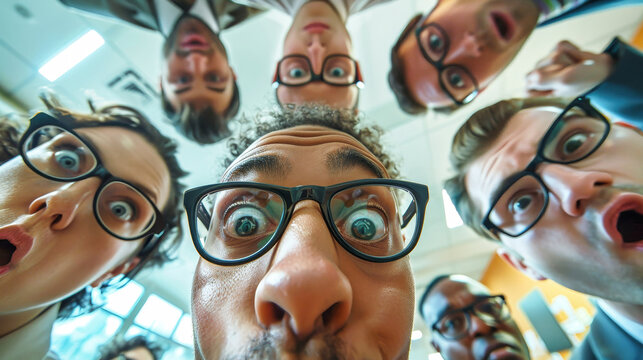 A group of men, all wearing glasses, are gathered together and pulling hilarious and silly expressions, creating a lighthearted and fun atmosphere