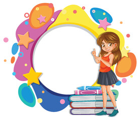 Obraz premium Young girl with books beside a vibrant, decorative frame.