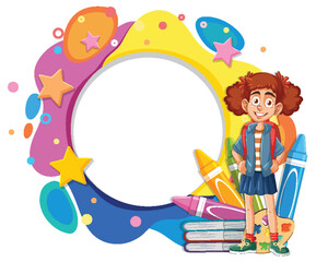 Naklejka premium Young girl with art tools and colorful frame