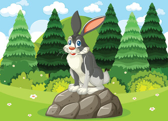 A happy rabbit sitting on rocks among trees