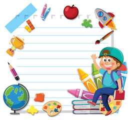 Obraz premium Colorful school supplies and happy child illustration