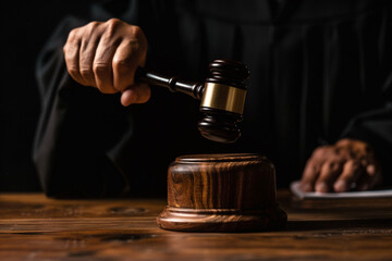 Judges hand holding a gavel above a sounding block ready to deliver a judgment