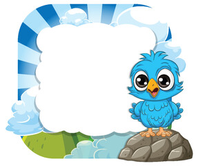 Cute blue bird sitting on a rock, sunny backdrop.