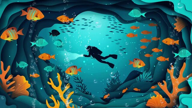 paper cut craft style underwater sea cave with fish. seamless looping overlay 4k virtual video animation background