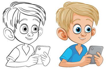 Illustration of a boy holding a tablet, colored and outlined.