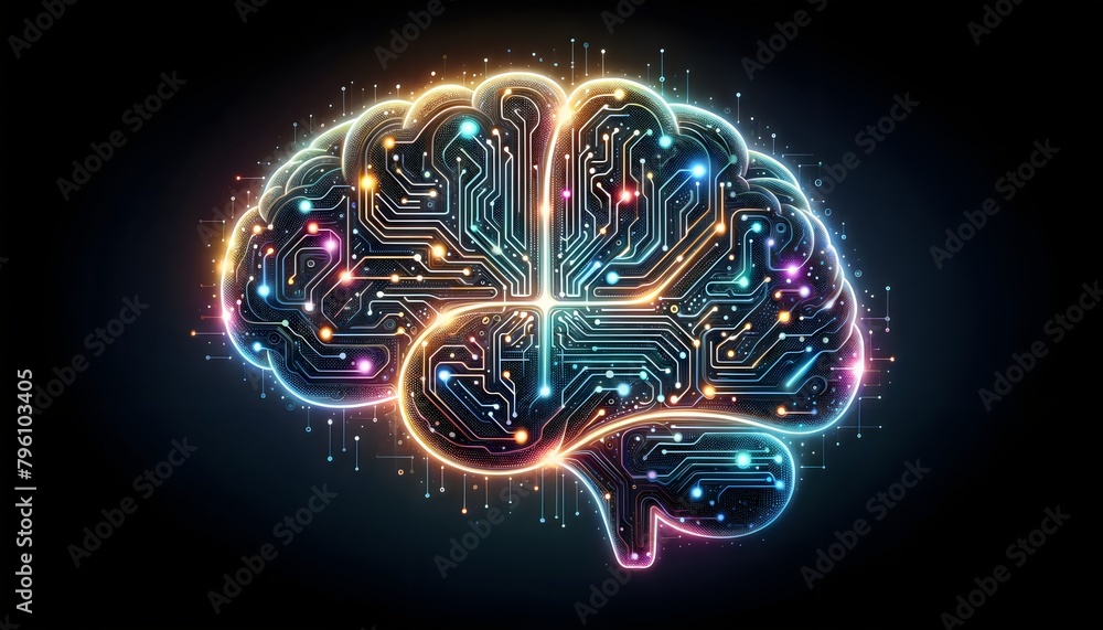 Wall mural a stylized and vibrant depiction of a human brain. the brain is illuminated with an array of neon li