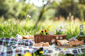Serene Summer Picnic Set Up in a Blossoming Meadow During the Daytime - 796103824