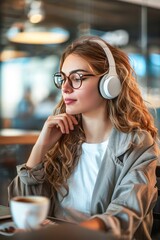 Smiling Young Woman Enjoying Music in a Cozy Cafe During the Daytime - 796103837
