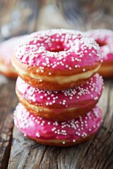 Stack of Pink Frosted Donuts With White Sprinkles on a Wooden Table
