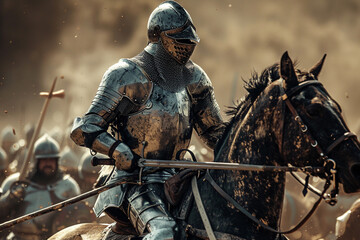 Knight in shining armor riding a fast horse, leading an army into battle with sword and shield at the ready 