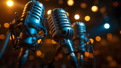 Closeup of vintage microphones on stage setting classic concert vibes. Concept Vintage Microphones, Stage Concert, Classic Vibes, Closeup Shots - obrazy, fototapety, plakaty