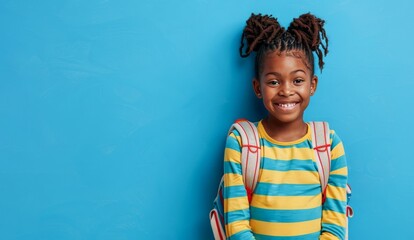 Smiling Young Girl With Backpack Ready for School on a Bright Blue Background - 796104094