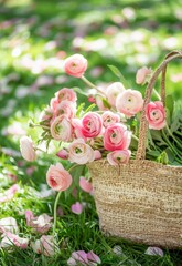 Springtime Blooms: Wicker Basket Full of Pink Flowers
